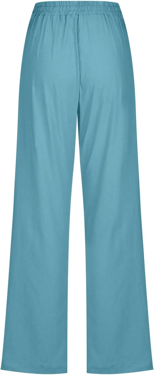 Womens Casual Cotton Linen Pants Lightweight Elastic Waist Pant Summer Fall Lounge Plain Drawstring Trousers, Large
