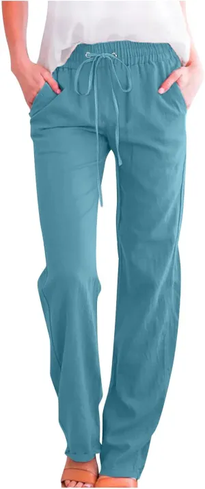 Womens Casual Cotton Linen Pants Lightweight Elastic Waist Pant Summer Fall Lounge Plain Drawstring Trousers, Large