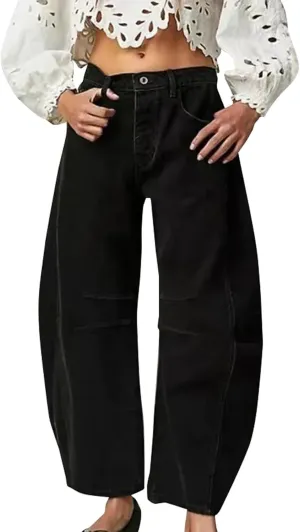 Women's Casual Jeans Elastic Waist Front Button Wide Leg Harem Trousers Fashion Loose Fit Comfy Street Hip Hip Pants