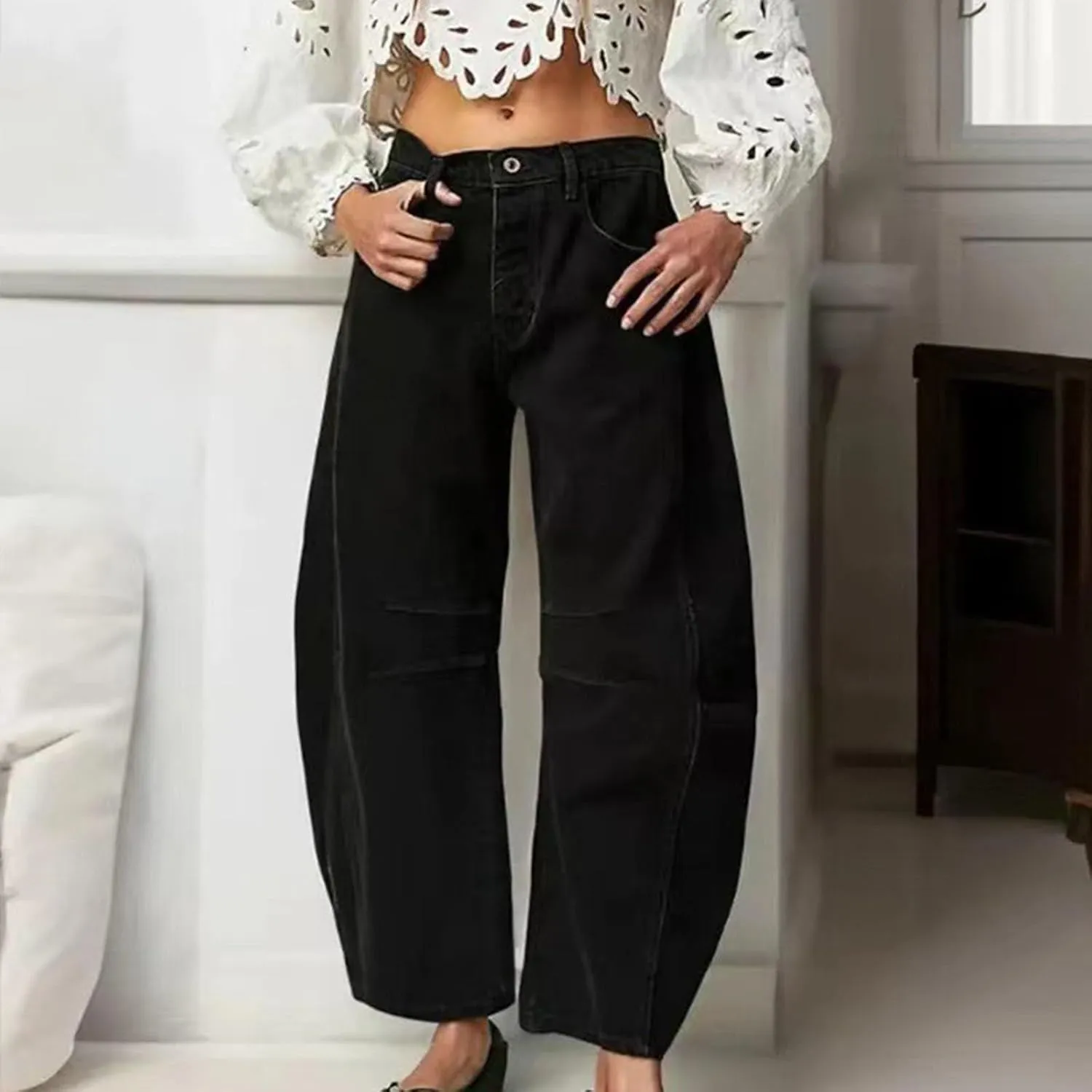 Women's Casual Jeans Elastic Waist Front Button Wide Leg Harem Trousers Fashion Loose Fit Comfy Street Hip Hip Pants