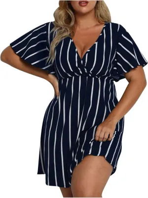 Womens Casual Sun Summer Dresses Plus Size Wrap V Neck Ruffle Hem A Line Short Dress Striped Print Short Sleeve Dress