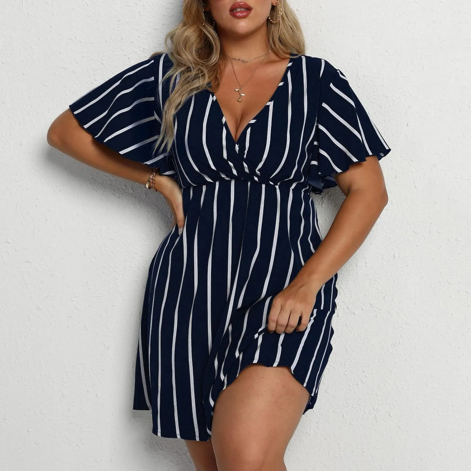 Womens Casual Sun Summer Dresses Plus Size Wrap V Neck Ruffle Hem A Line Short Dress Striped Print Short Sleeve Dress