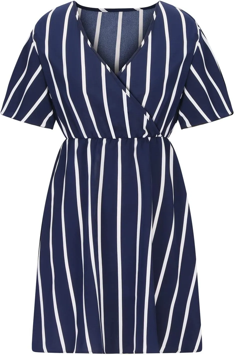Womens Casual Sun Summer Dresses Plus Size Wrap V Neck Ruffle Hem A Line Short Dress Striped Print Short Sleeve Dress