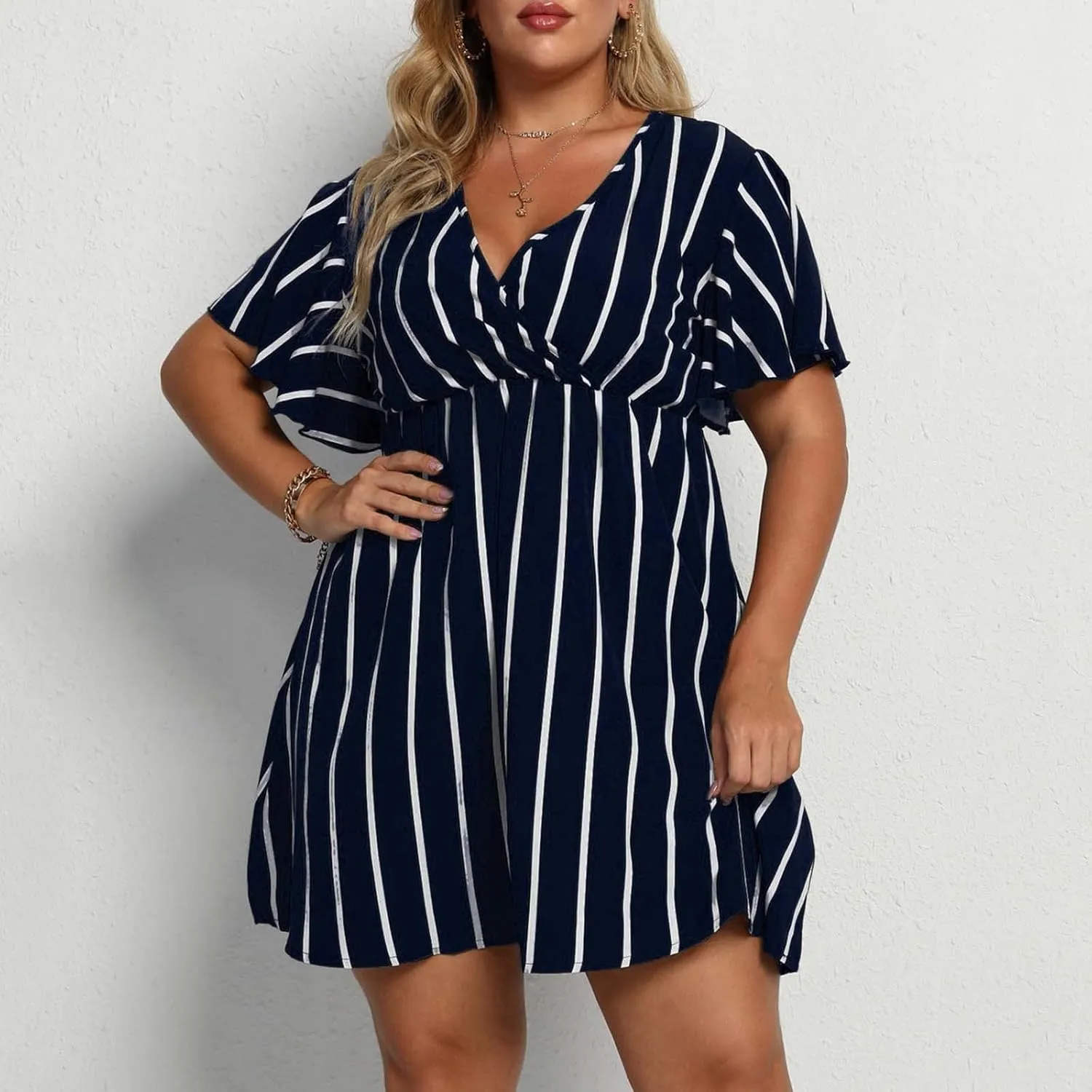 Womens Casual Sun Summer Dresses Plus Size Wrap V Neck Ruffle Hem A Line Short Dress Striped Print Short Sleeve Dress