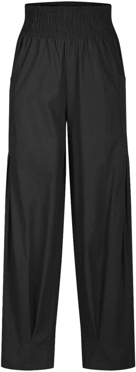 Women's Cotton Linen Bohemian Pants Summer Casual Loose High Waist Harem Pant Beach Vacation Cargo Lounge Trouser
