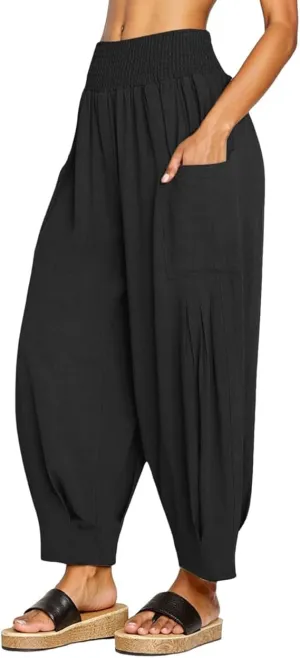 Women's Cotton Linen Bohemian Pants Summer Casual Loose High Waist Harem Pant Beach Vacation Cargo Lounge Trouser