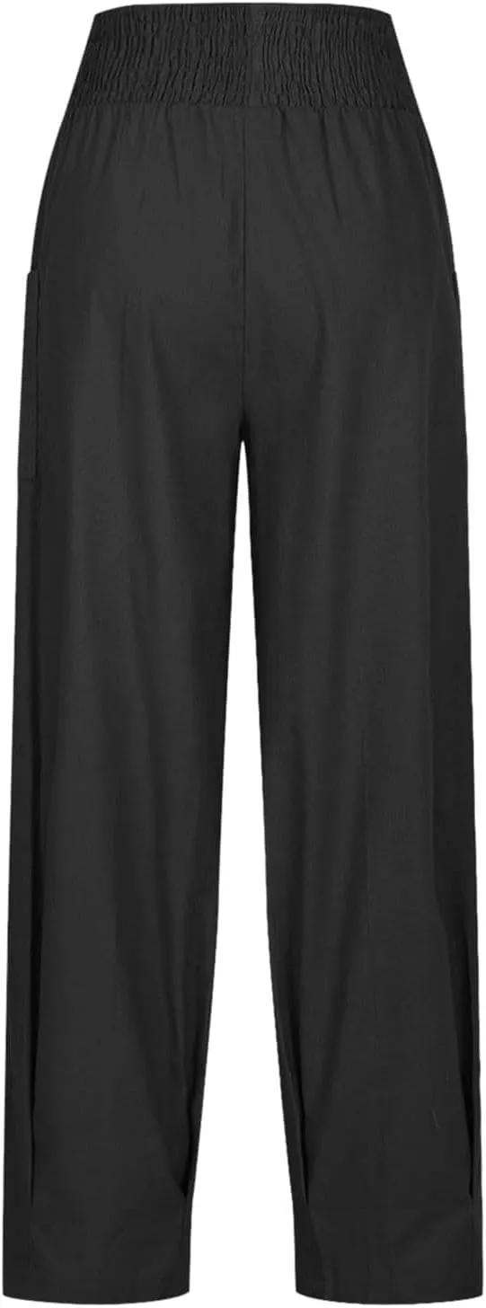 Women's Cotton Linen Bohemian Pants Summer Casual Loose High Waist Harem Pant Beach Vacation Cargo Lounge Trouser