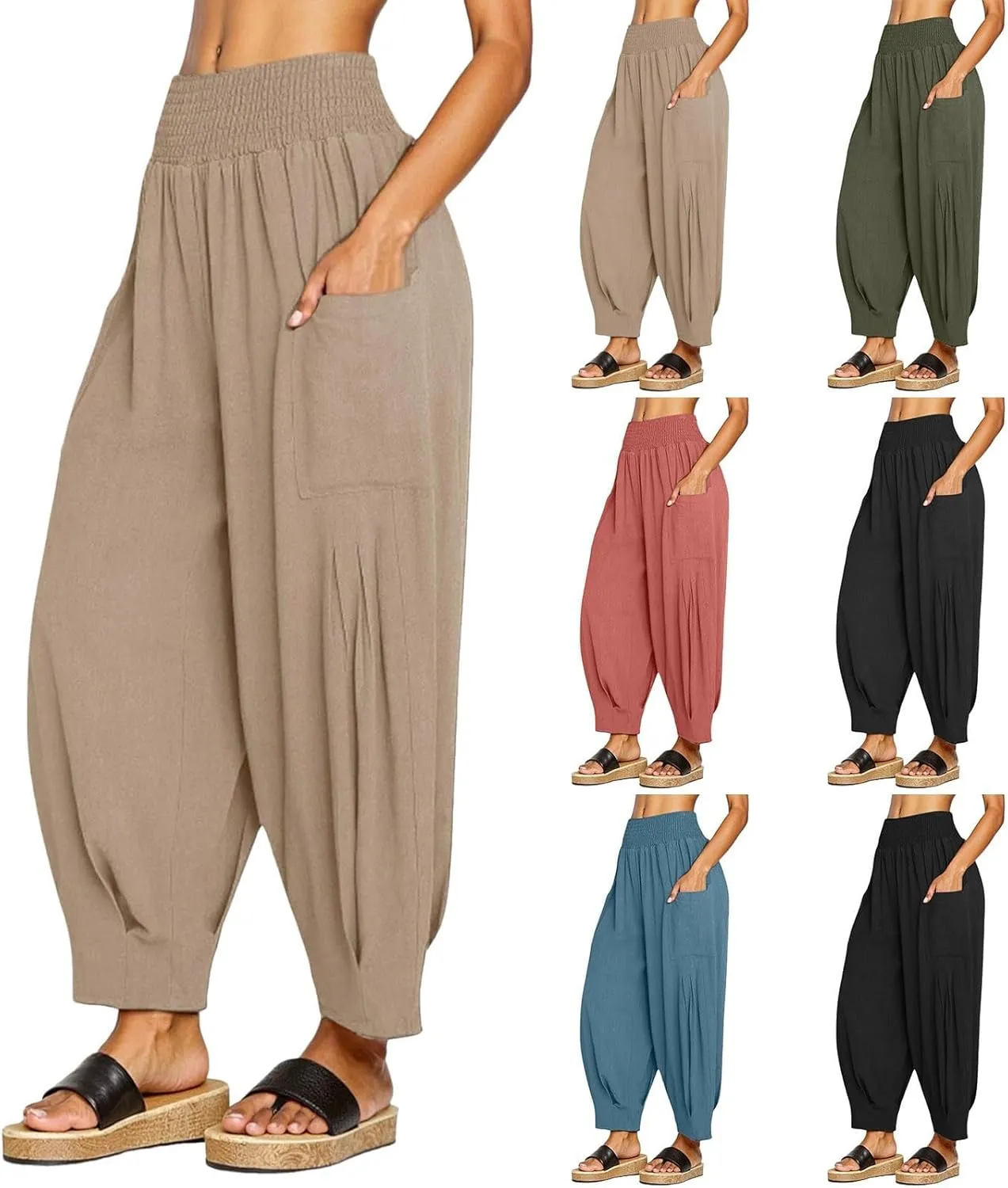 Women's Cotton Linen Bohemian Pants Summer Casual Loose High Waist Harem Pant Beach Vacation Cargo Lounge Trouser