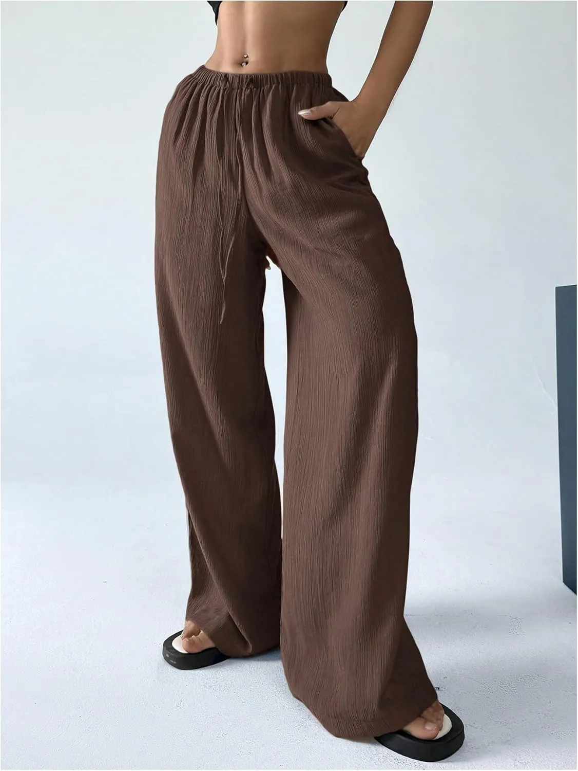 Women's Elastic Drawstring Waist Wide Leg Pants Loose Fit Sheer Cover Up Beach Pants Lounge with Pocket
