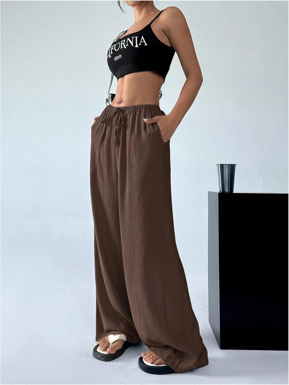 Women's Elastic Drawstring Waist Wide Leg Pants Loose Fit Sheer Cover Up Beach Pants Lounge with Pocket