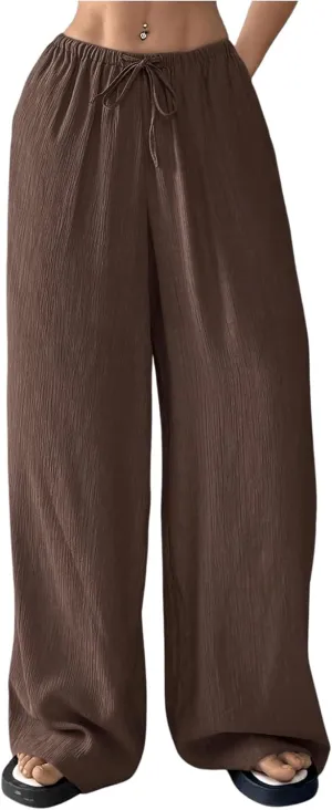 Women's Elastic Drawstring Waist Wide Leg Pants Loose Fit Sheer Cover Up Beach Pants Lounge with Pocket