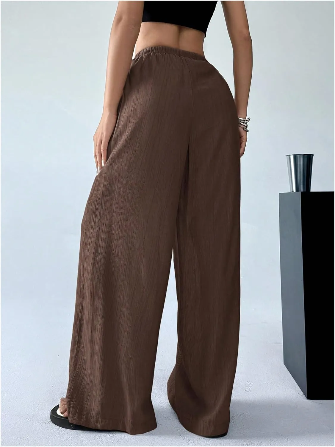 Women's Elastic Drawstring Waist Wide Leg Pants Loose Fit Sheer Cover Up Beach Pants Lounge with Pocket