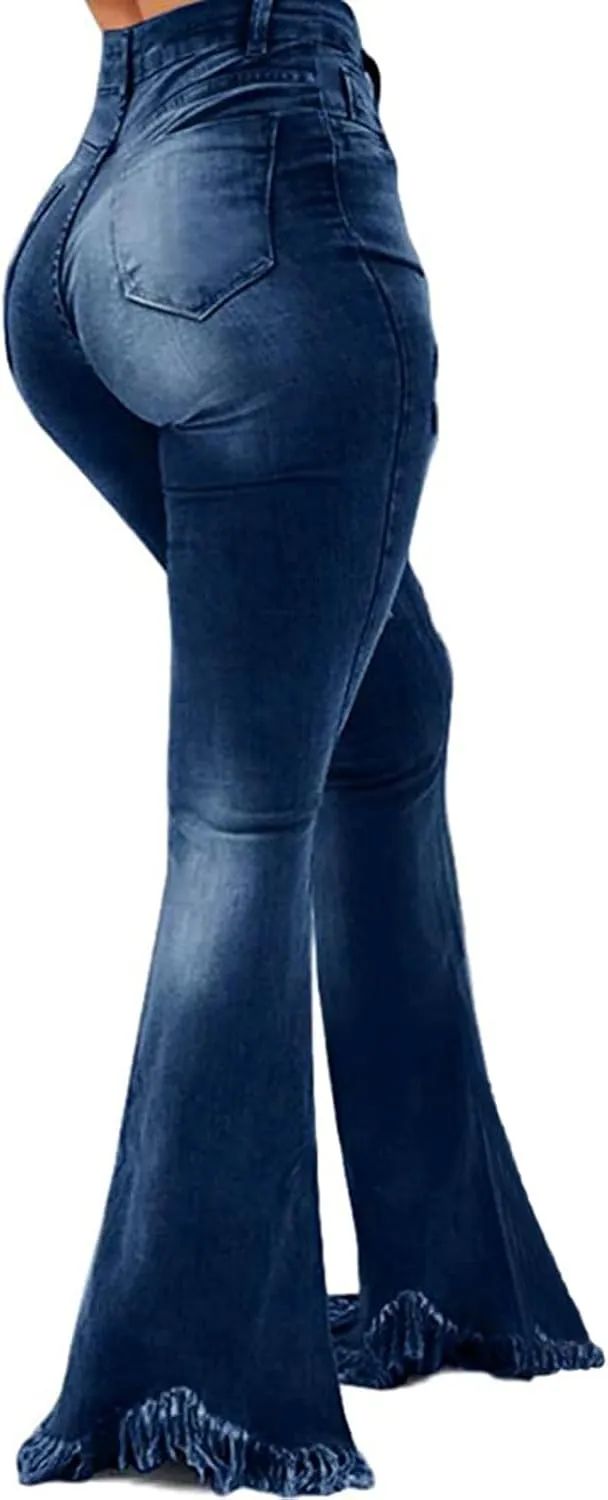 Women's Elastic Ripped Hole Classic Denim Bell Bottom Jeans