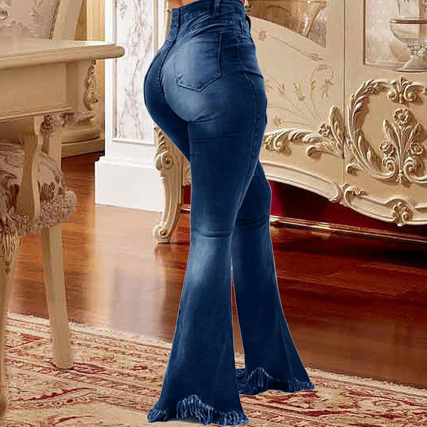Women's Elastic Ripped Hole Classic Denim Bell Bottom Jeans