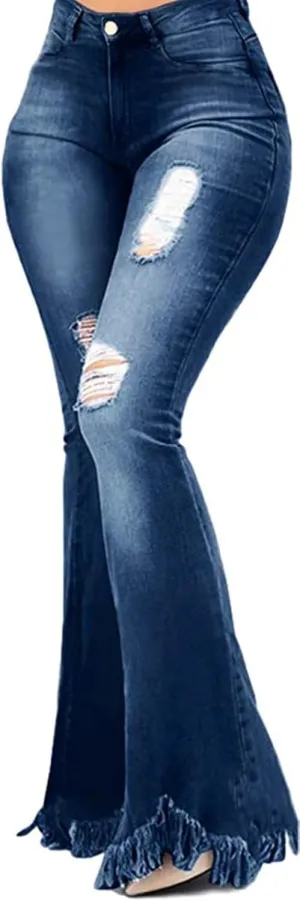 Women's Elastic Ripped Hole Classic Denim Bell Bottom Jeans