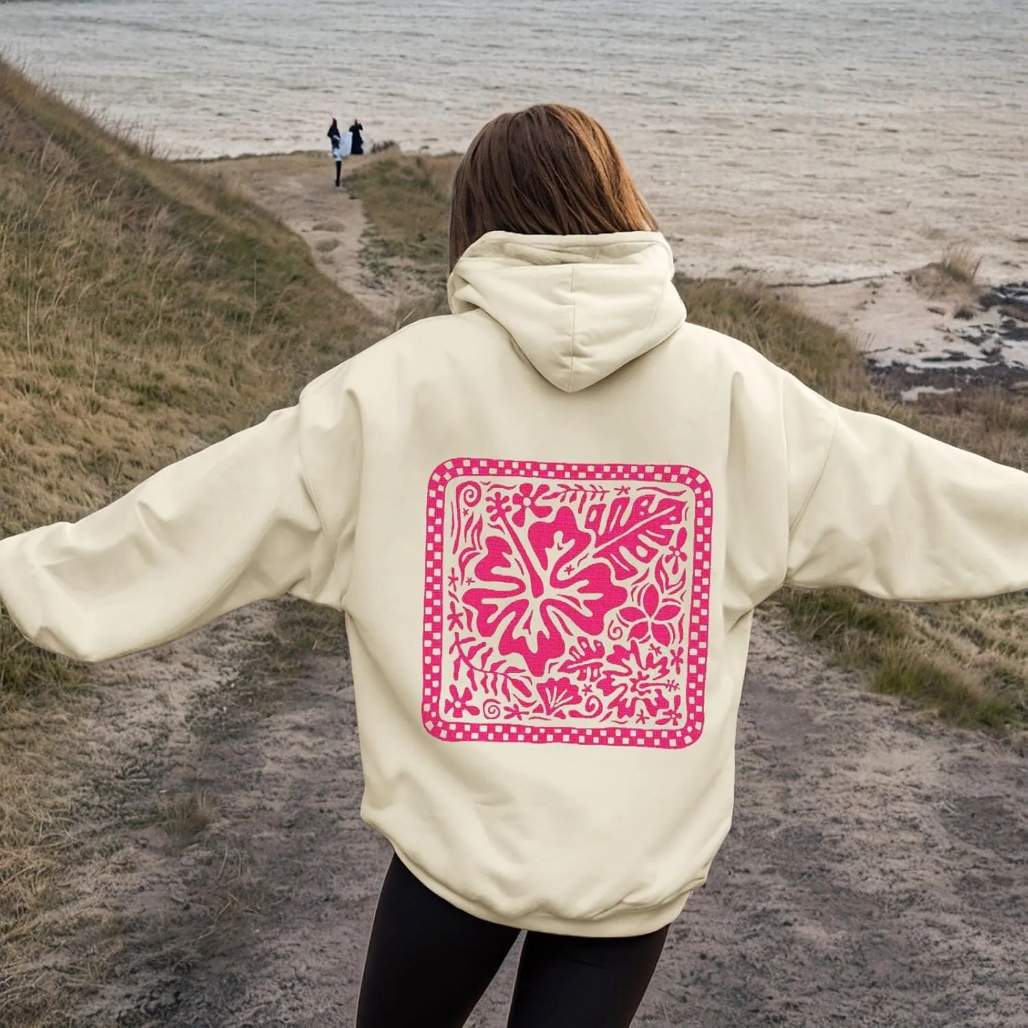 Women's Graphic Print Hoodies Oversized Long Sleeve Hooded Sweatshirts Cherry Floral Drop Shoulder Pullover Top