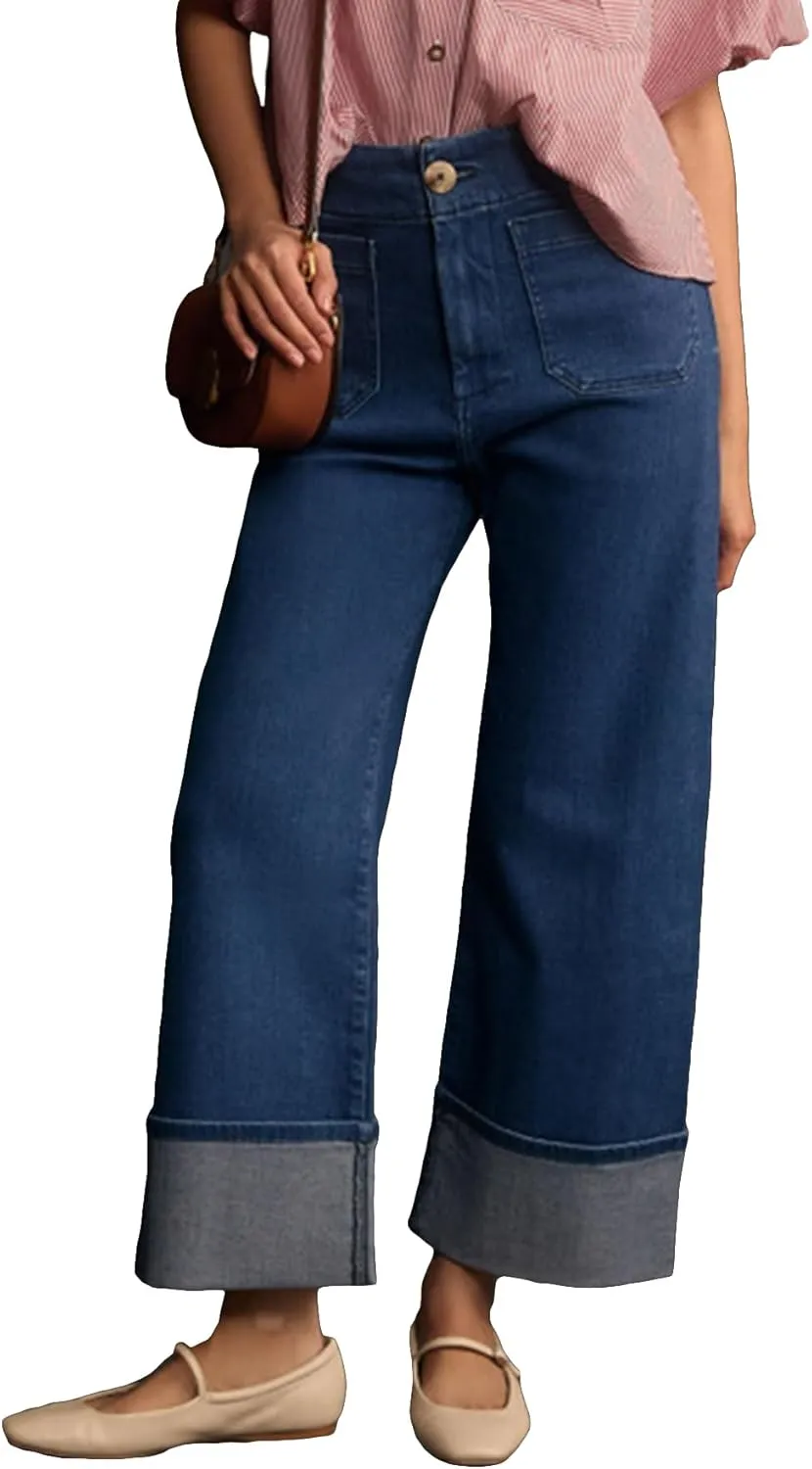 Women's High Waist Baggy Cuffed Jeans Straight Wide Leg Cropped Denim Pants Casual Vintage Elastic Jean Bottoms