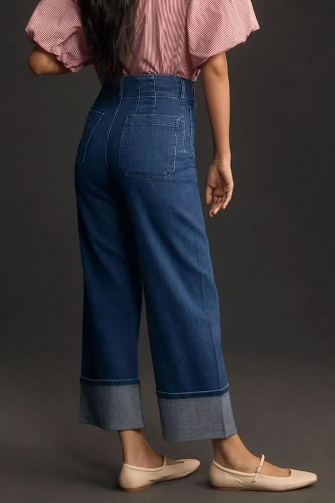 Women's High Waist Baggy Cuffed Jeans Straight Wide Leg Cropped Denim Pants Casual Vintage Elastic Jean Bottoms