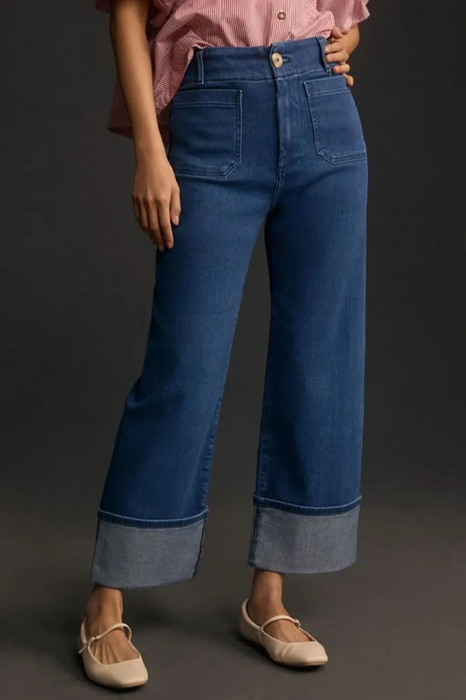 Women's High Waist Baggy Cuffed Jeans Straight Wide Leg Cropped Denim Pants Casual Vintage Elastic Jean Bottoms
