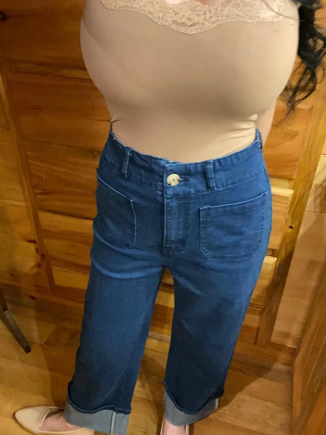 Women's High Waist Baggy Cuffed Jeans Straight Wide Leg Cropped Denim Pants Casual Vintage Elastic Jean Bottoms