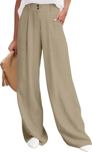 Womens High Waist Drape Button Wide-Leg Pants Casual Dress Trendy Office Work Palazzo Trousers Loose Stretch Pant