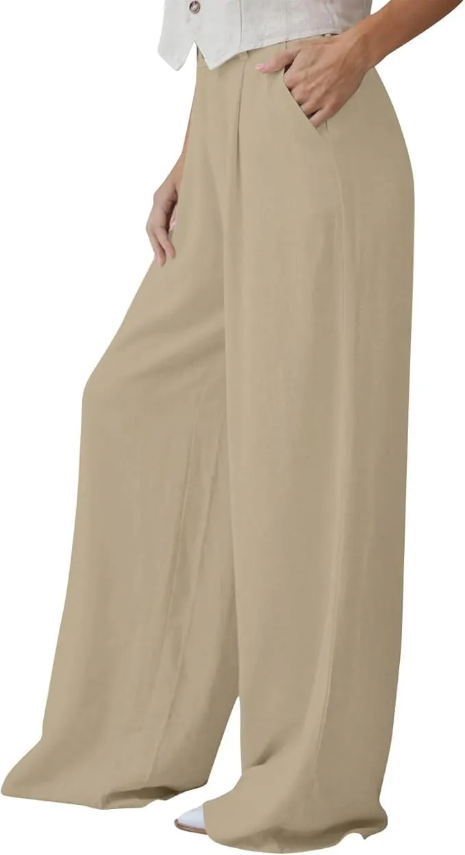 Womens High Waist Drape Button Wide-Leg Pants Casual Dress Trendy Office Work Palazzo Trousers Loose Stretch Pant