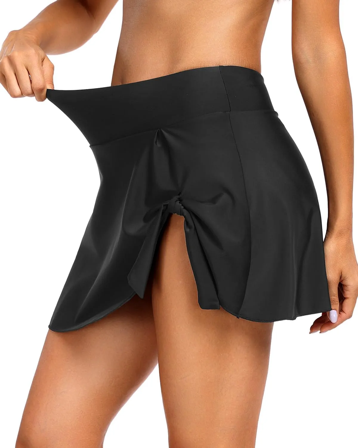 Women's High Waisted Swim Skirt Bottoms with Tummy Control, Built-in Panty, Side Adjustable Knot Bathing Suit Skort Swimwear