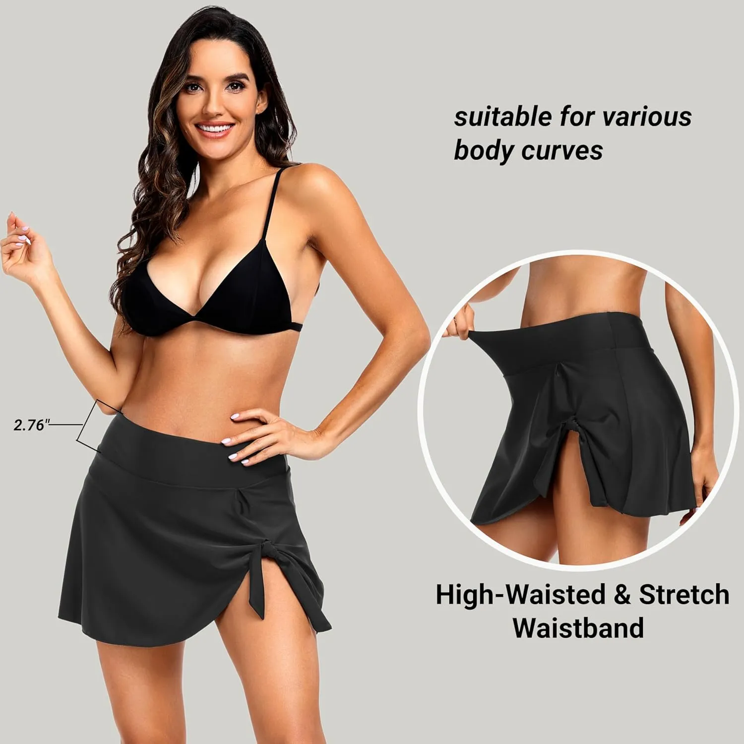 Women's High Waisted Swim Skirt Bottoms with Tummy Control, Built-in Panty, Side Adjustable Knot Bathing Suit Skort Swimwear