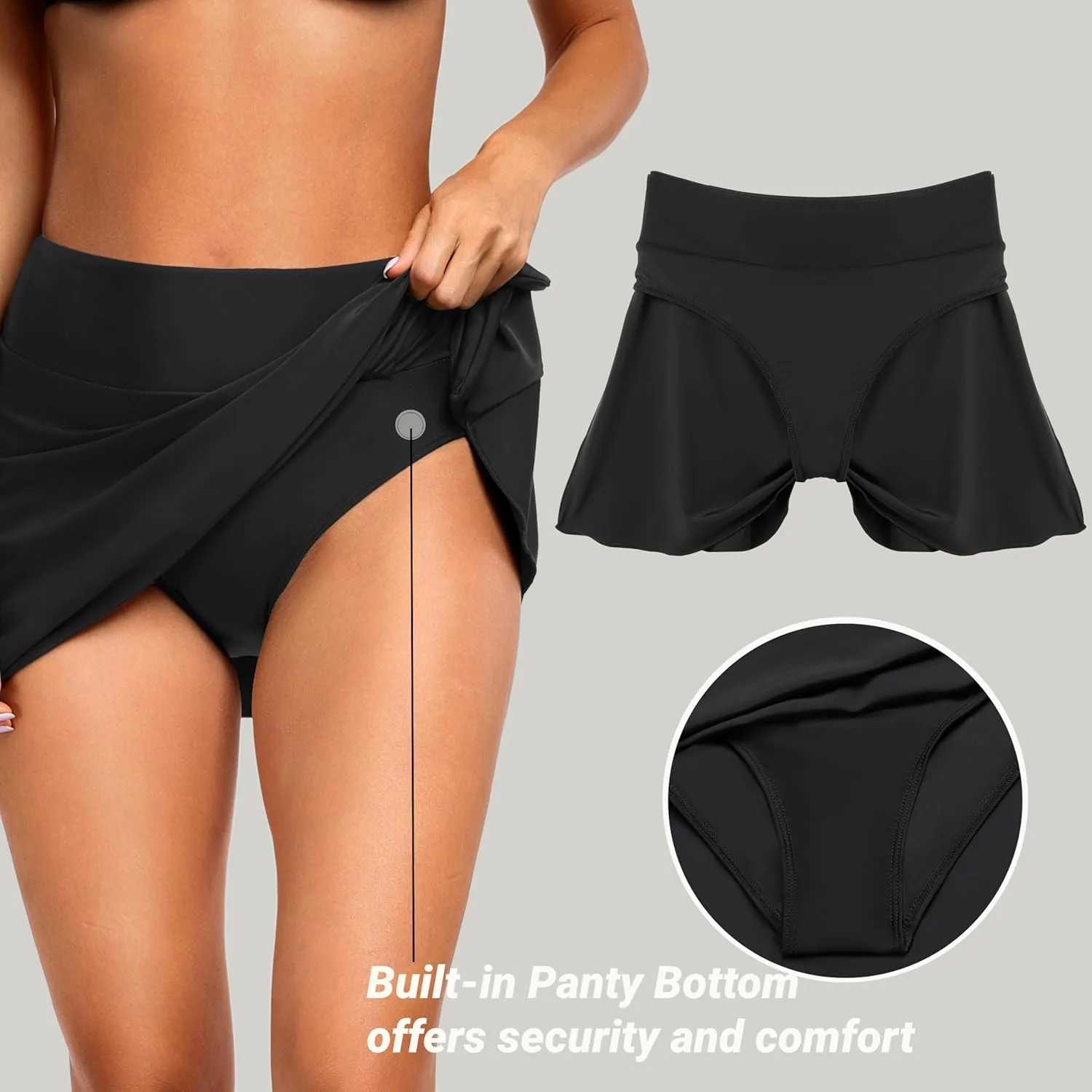 Women's High Waisted Swim Skirt Bottoms with Tummy Control, Built-in Panty, Side Adjustable Knot Bathing Suit Skort Swimwear