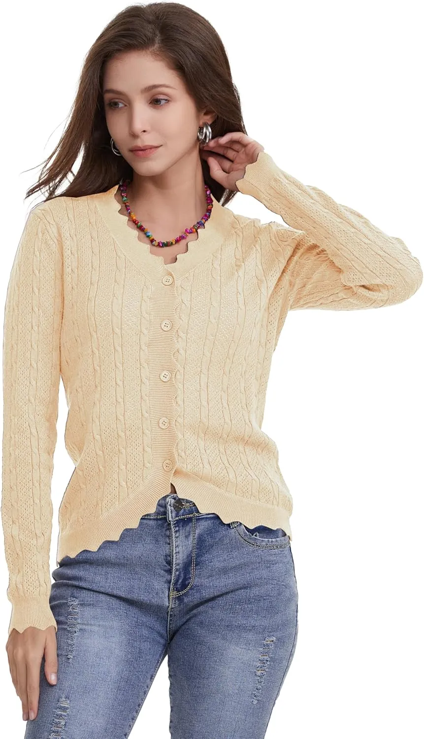 Women's Lace V Neck Hollow-Out Crochet Button Down Knit Slim Cropped Cardigan