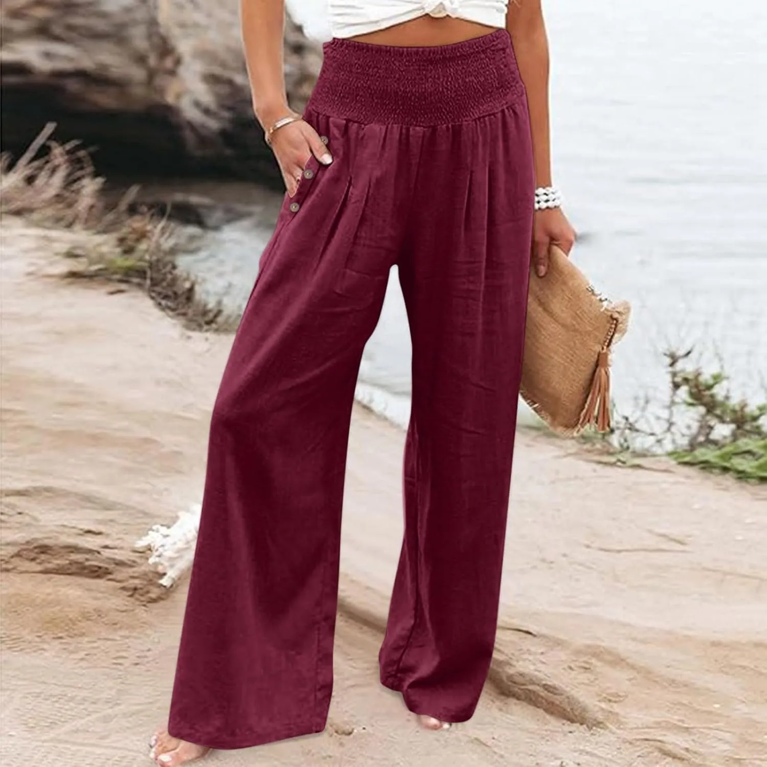 Women's Linen Blend Summer Floral Pants Low Waist Wide Leg Plus Size Pant Trousers Travel