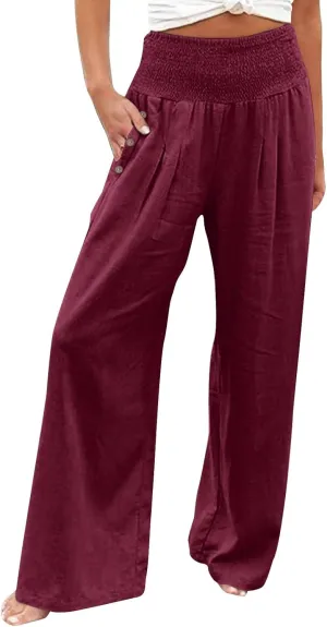 Women's Linen Blend Summer Floral Pants Low Waist Wide Leg Plus Size Pant Trousers Travel