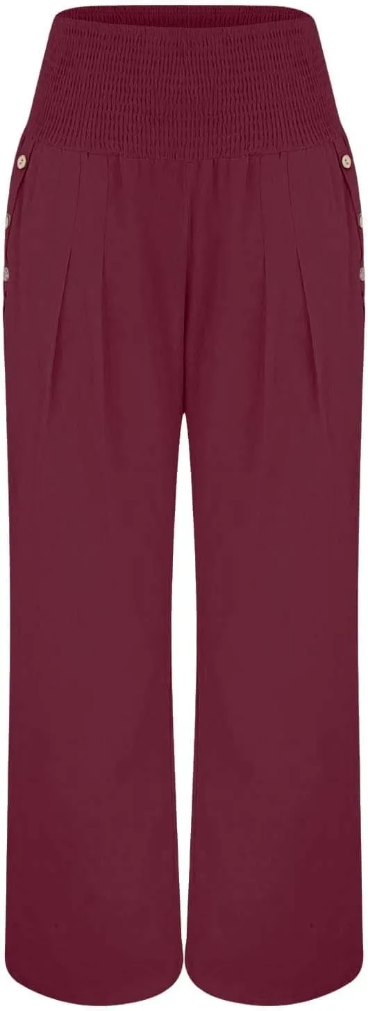 Women's Linen Blend Summer Floral Pants Low Waist Wide Leg Plus Size Pant Trousers Travel