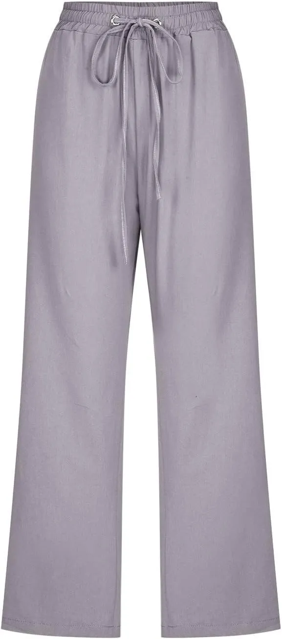 Womens Linen Blend Summer Striped Palazzo Lounge Pants High Waist Straight Plus Size Trousers Office