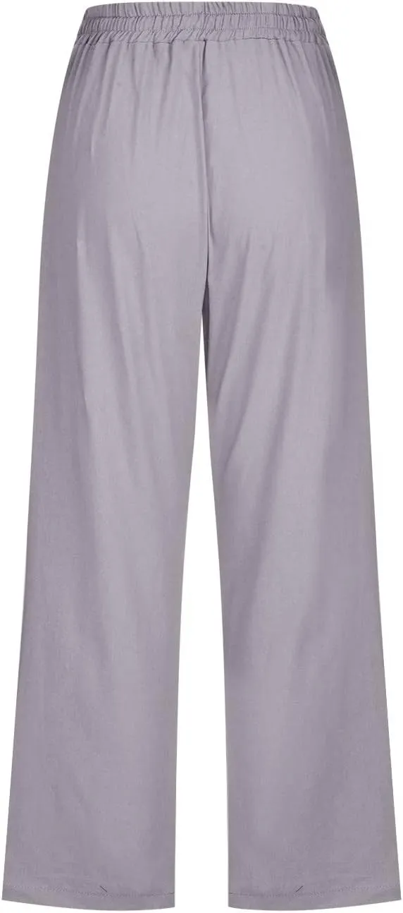 Womens Linen Blend Summer Striped Palazzo Lounge Pants High Waist Straight Plus Size Trousers Office