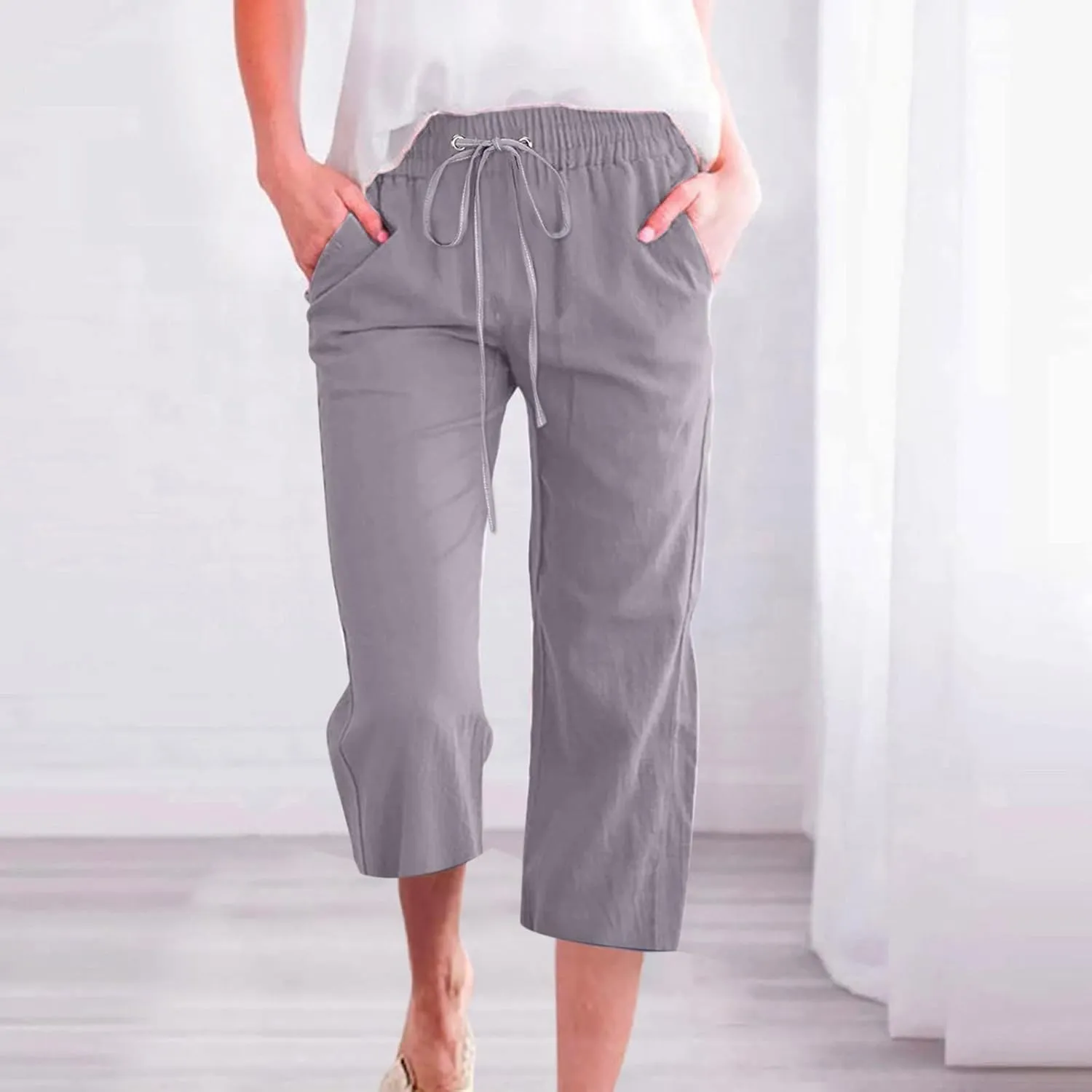 Womens Linen Blend Summer Striped Palazzo Lounge Pants High Waist Straight Plus Size Trousers Office