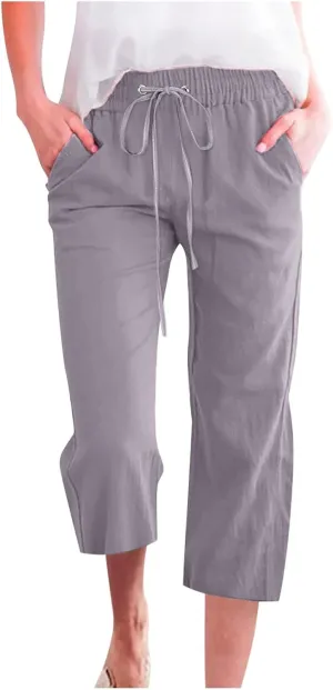 Womens Linen Blend Summer Striped Palazzo Lounge Pants High Waist Straight Plus Size Trousers Office