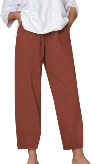 Women's Linen Pants Casual 2025 Solid Loose Drawstring Pants Elastic Waist Straight Leg Baggy Trousers with Pockets