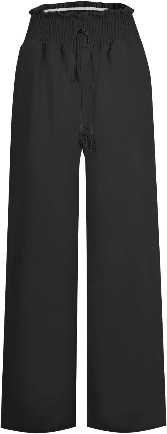 Womens Linen Pants Elastic High Waisted Wide Leg Palazzo Lounge Slacks Summer Casual Beach Boho Trousers with Pockets