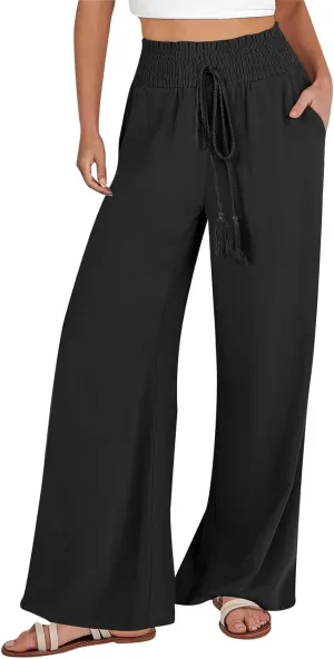 Womens Linen Pants Elastic High Waisted Wide Leg Palazzo Lounge Slacks Summer Casual Beach Boho Trousers with Pockets