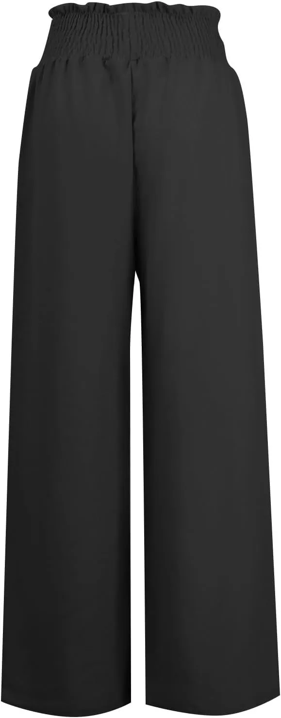 Womens Linen Pants Elastic High Waisted Wide Leg Palazzo Lounge Slacks Summer Casual Beach Boho Trousers with Pockets