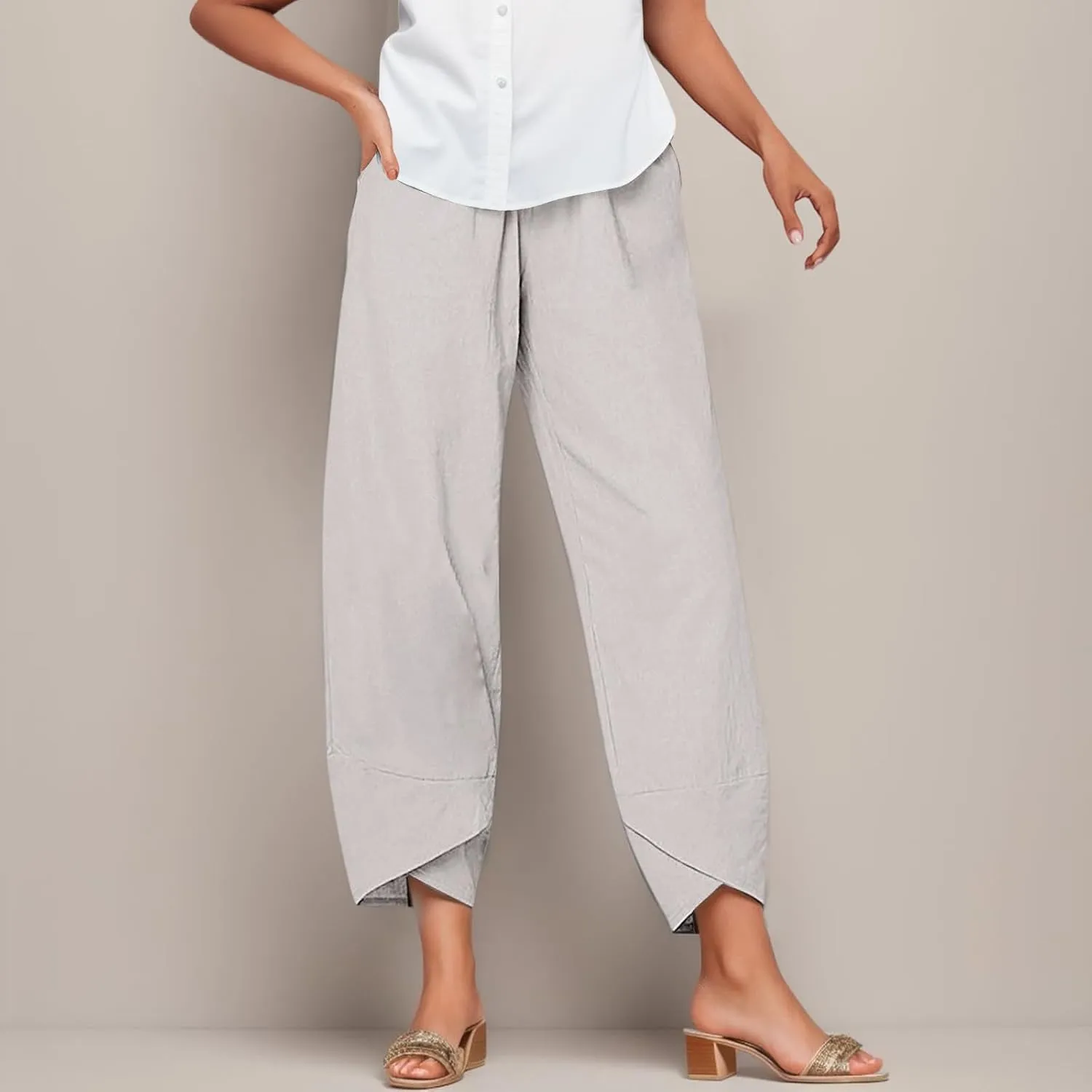 Womens Linen Pants for Summer High Waist Lightweight Lounge Trousers 2025 Trendy Casual Cropped Pants with Pockets