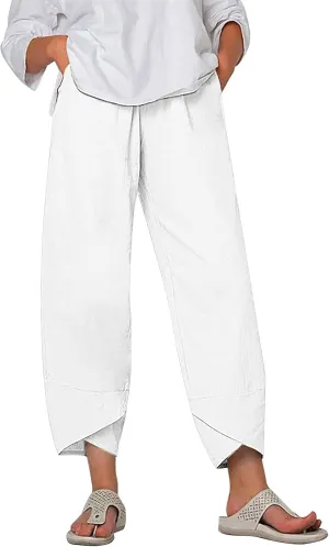 Womens Linen Pants Summer Casual Capri Pants with Pockets Palazzo Cropped Comfy Baggy Trousers High Waisted