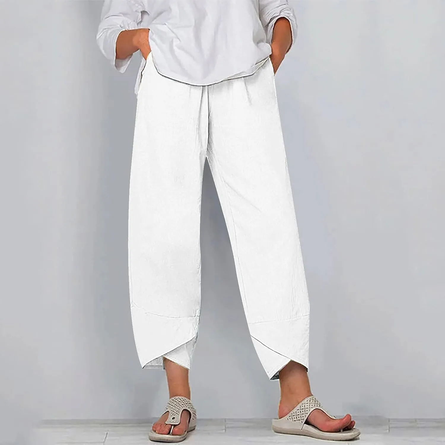 Womens Linen Pants Summer Casual Capri Pants with Pockets Palazzo Cropped Comfy Baggy Trousers High Waisted