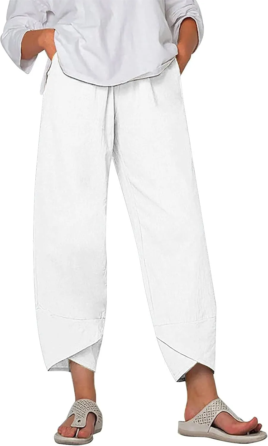 Womens Linen Pants Summer Casual Capri Pants with Pockets Palazzo Cropped Comfy Baggy Trousers High Waisted