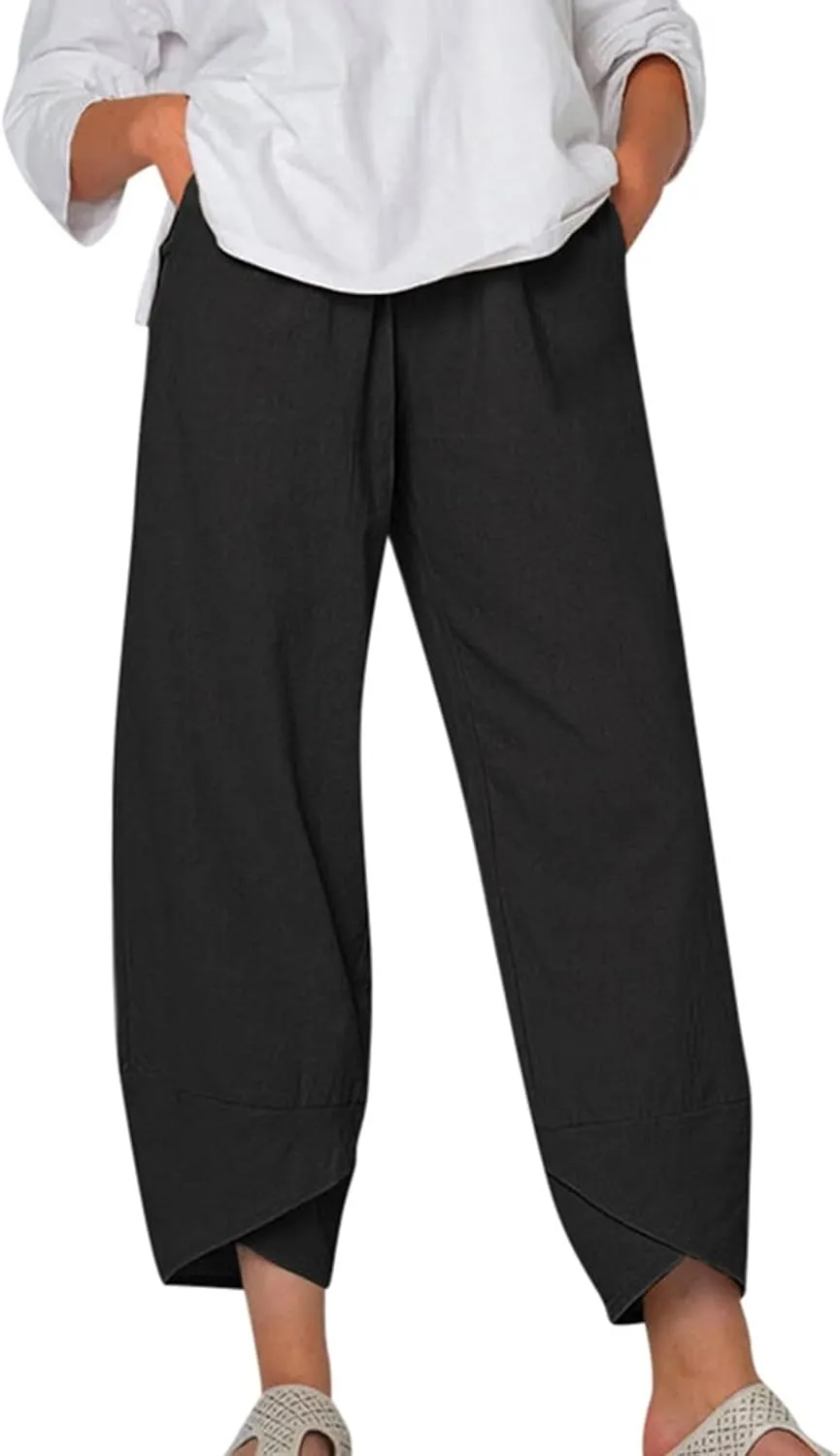 Womens Linen Pants Summer Casual Cropped Comfy Baggy Trousers