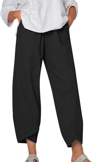 Womens Linen Pants Summer Casual Cropped Comfy Baggy Trousers