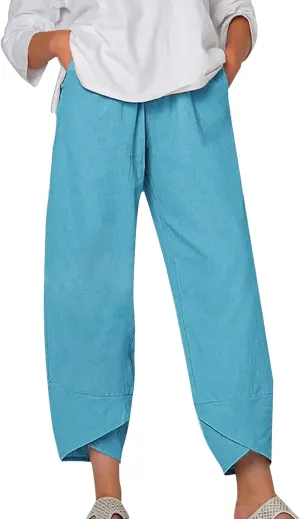 Womens Linen Pants Summer Casual Cropped Comfy Baggy Trousers
