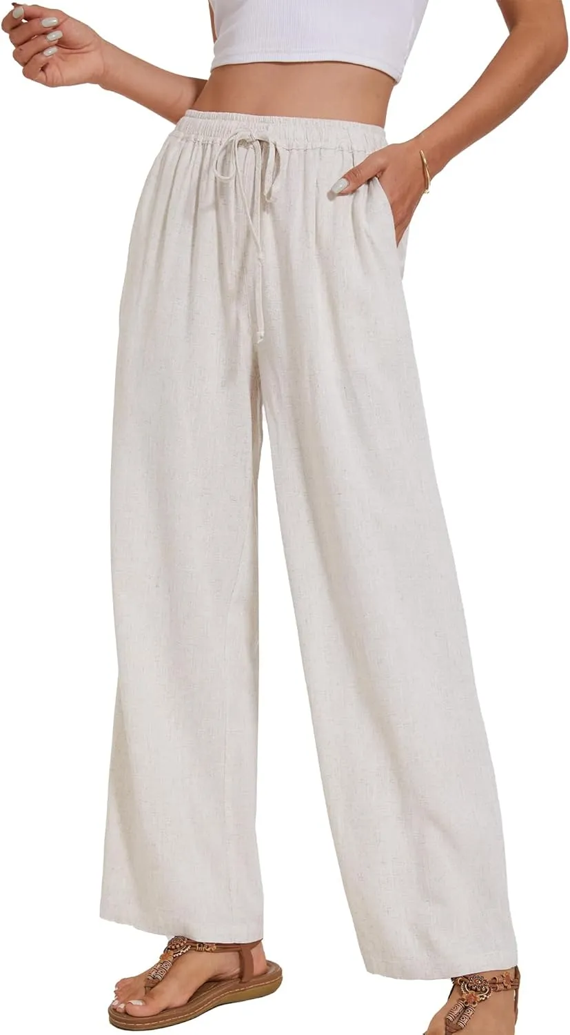 Women's Linen Pants Wide Leg High Waisted Drawstring Summer Beach Vacation Casual Pants with Pockets