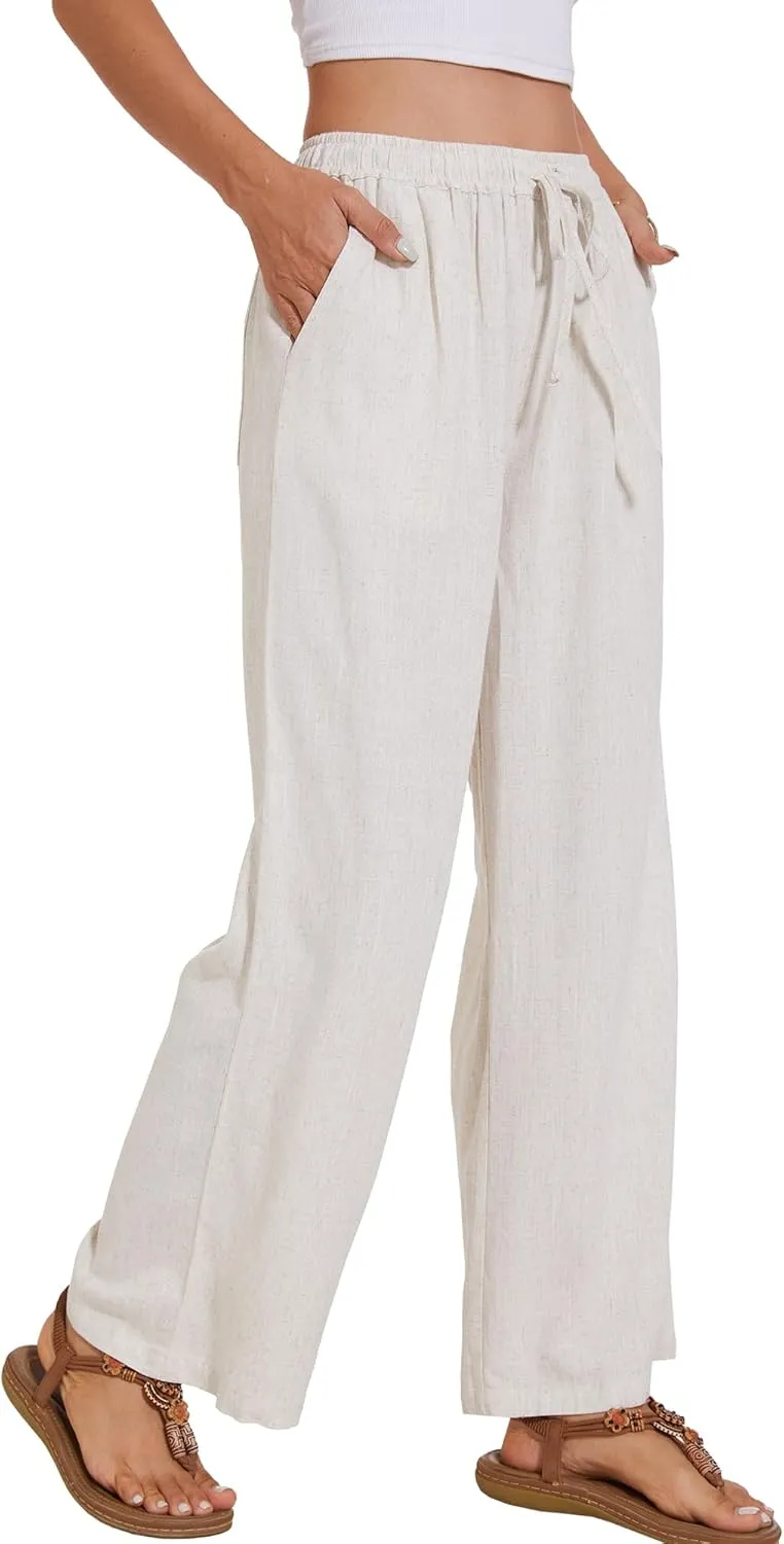 Women's Linen Pants Wide Leg High Waisted Drawstring Summer Beach Vacation Casual Pants with Pockets